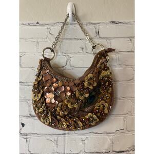 Max Mayer Small Beaded Handbag With Peacock Feather Accent And Chain Handle